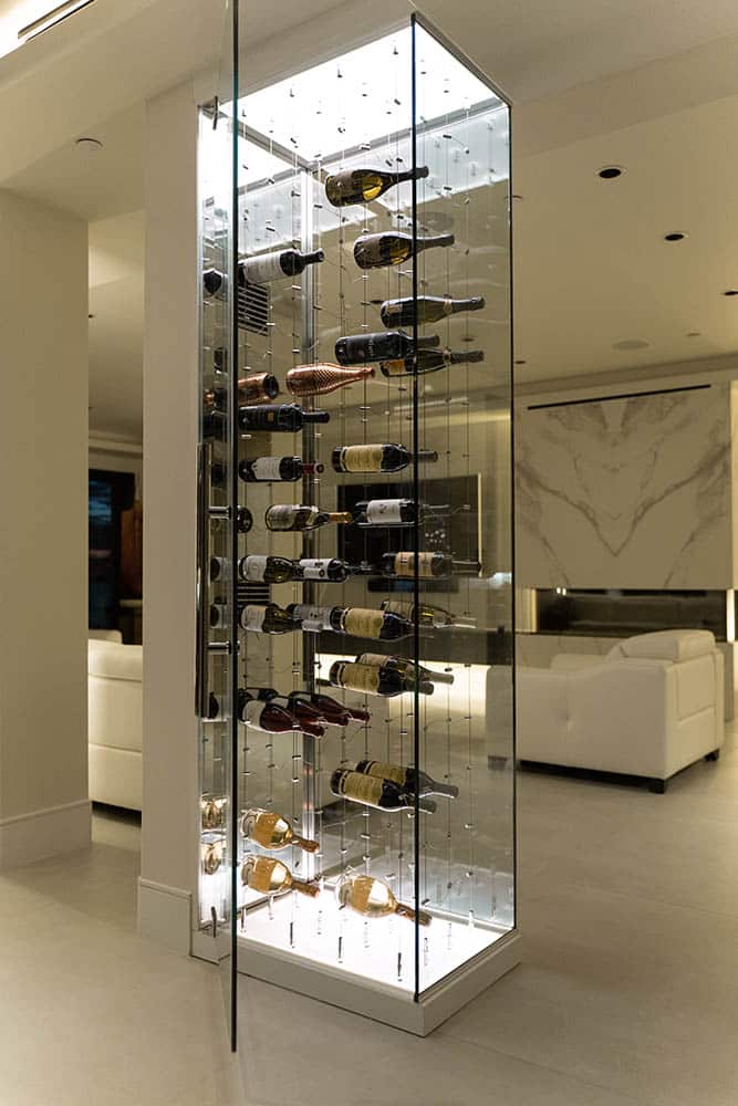 Mirrored Wall with cable wine display front view